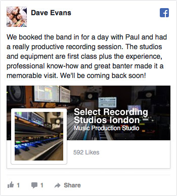 Facebook Review for Select Recording Studios